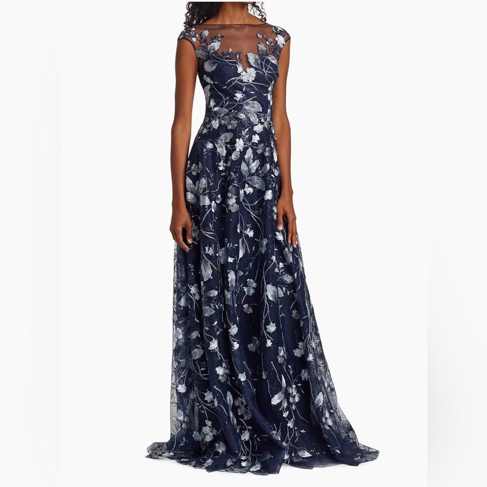 Teri Jon Embroidered Mesh Navy & Silver Gown, Size 16, New